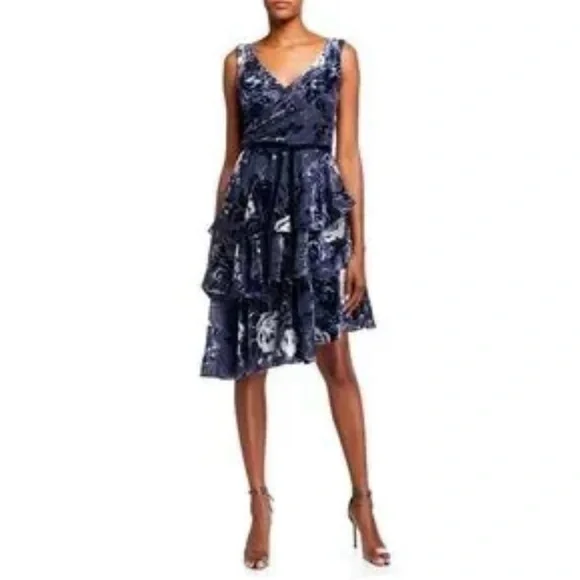 Marchesa Notte Cocktail Dress Tiered Velvet Burnout NWT 12 - Picture 1 of 12